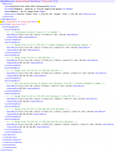 Auto-translatable rules for numbers format conversion opened as .mqres file in Notepad++ with XML syntax clolring